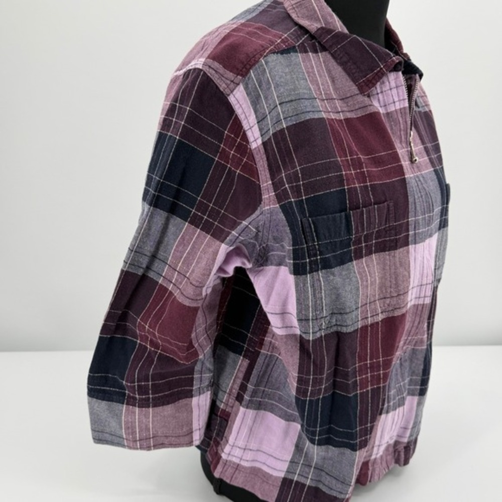 Plaid Zip Front Shirt Jacket Women's Large‎ Burgundy Pink Navy Cotton Grunge - Picture 4 of 11